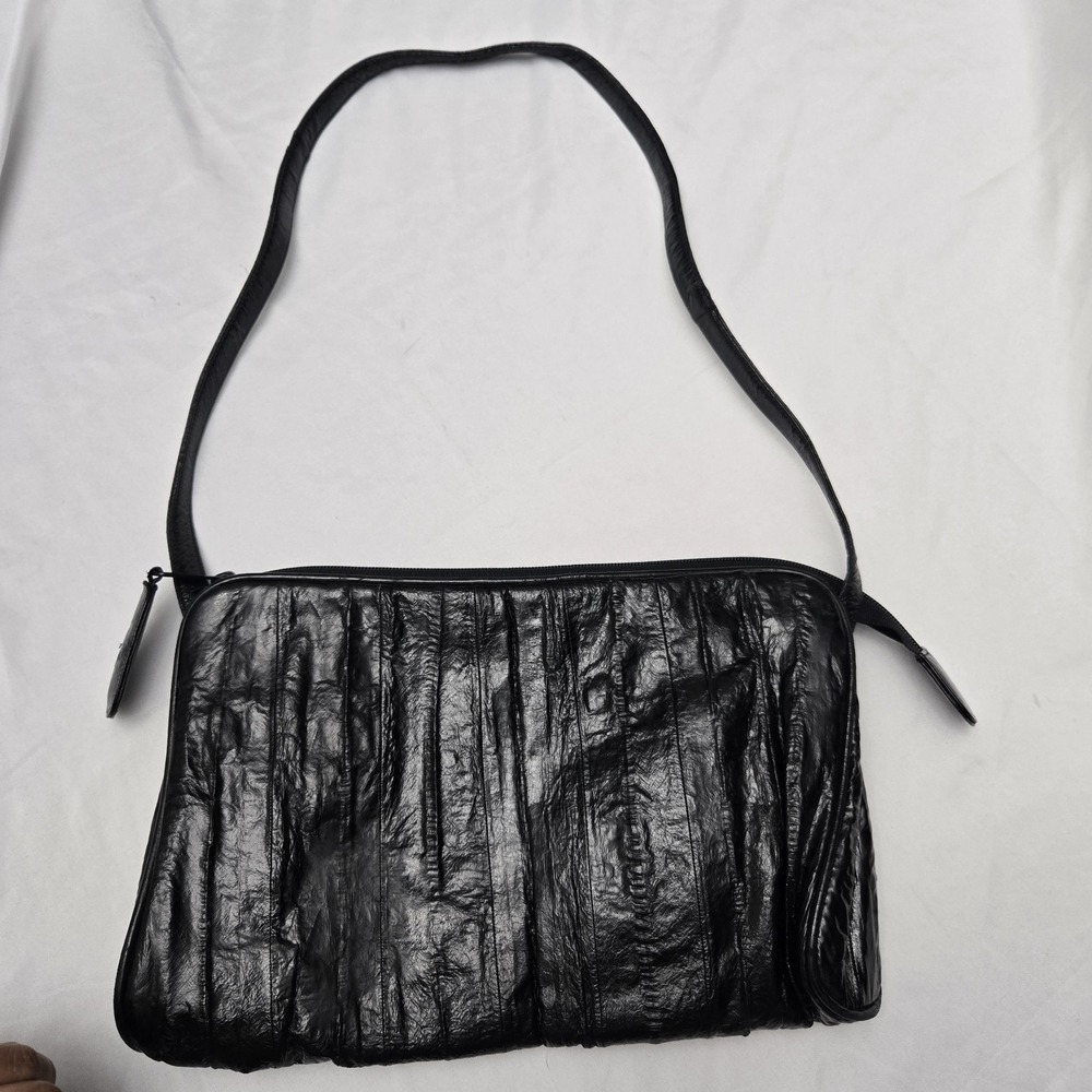 Vintage Eel Skin Purse Bag Glossy Clutch Shoulder Black Capsule Old‎ Money